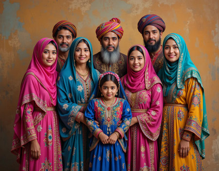 Group of Indian family in traditional clothing posing over grunge backgroundの素材