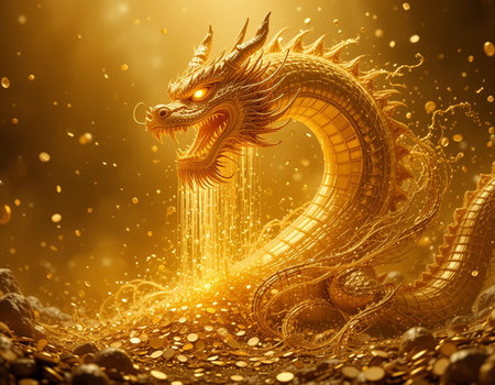 golden dragon on gold background. 3d rendering and illustration.の素材
