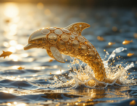 Dolphin jumping out of water with splashes of water. 3d renderingの素材