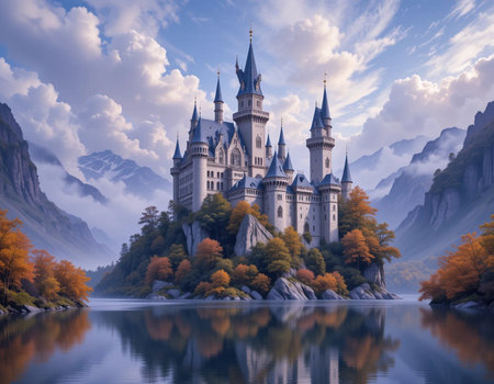 Magic castle on the shores of the lake. Fairytale landscape.の素材