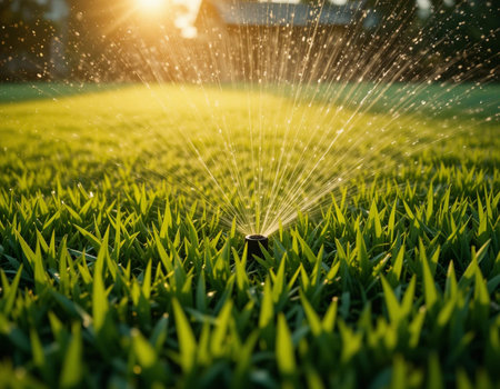 Sprinkler spraying water on fresh green grass in garden with sunlight.の素材