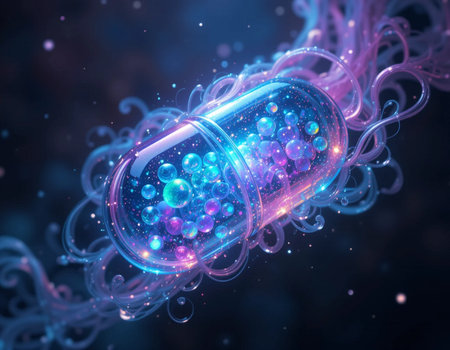 Blue capsule with glowing particles on dark background. 3D illustration.の素材