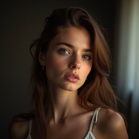 Portrait of a beautiful girl with long hair in a white shirtの素材