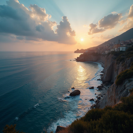 Sunset over the sea in Taormina, Sicily, Italyの素材