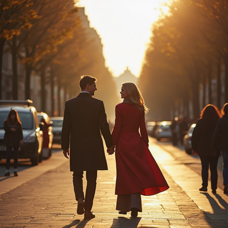 Beautiful young couple in love walking on the street at sunset.の素材