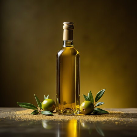 Olive oil bottle and olives on a wooden table and golden backgroundの素材