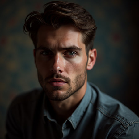 Portrait of a handsome young man in a dark room. Men's beauty, fashion.の素材