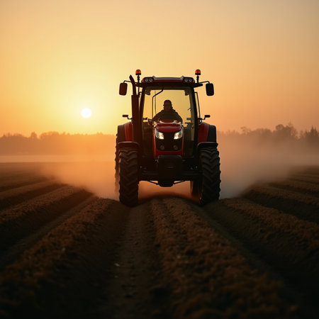 Farmer in tractor preparing land with seedbed cultivator at sunsetの素材