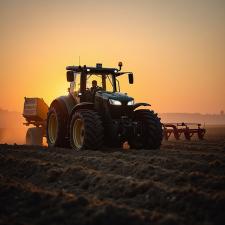 Tractor plowing field at sunset. Tractor preparing land for sowingの素材