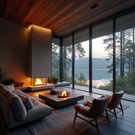 Interior of modern living room with wooden walls, panoramic window and fireplace. 3d renderingの素材