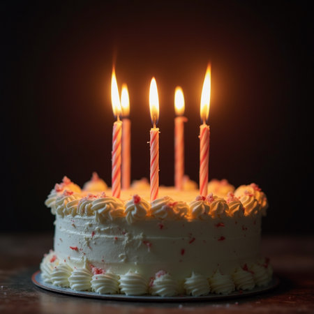 Birthday cake with candles on dark background. Shallow depth of fieldの素材