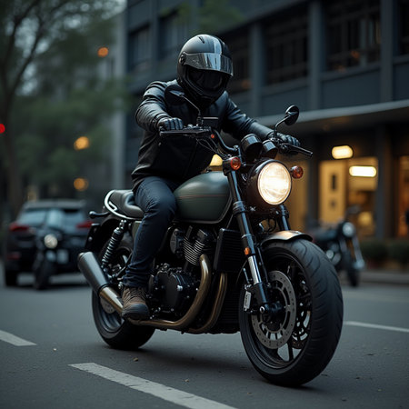 Biker in black leather jacket and helmet sitting on his motorcycle.の素材