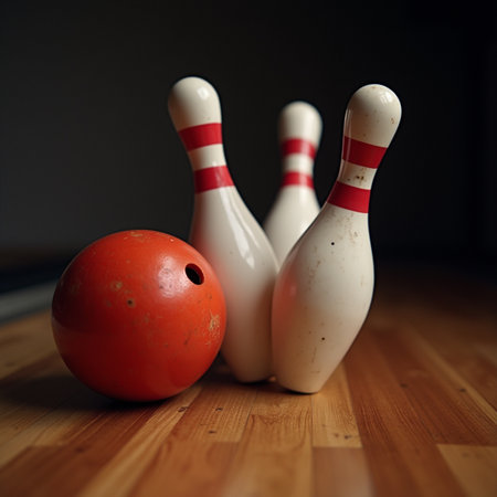 Bowling ball and skittles on a wooden floor, shallow depth of fieldの素材