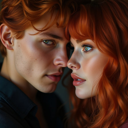 Portrait of a young couple in love. Red-haired girl in a black dress.の素材