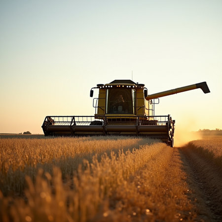 Combine harvester in action on wheat field at sunset.の素材