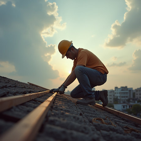 construction worker working on the roof top of the building with sunset backgroundの素材
