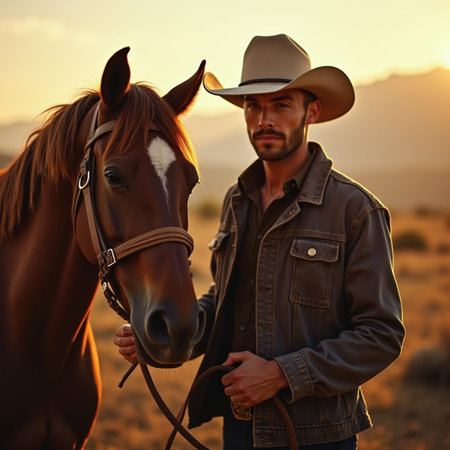 Cowboy with a horse in the field at sunset. Western cowboy.の素材