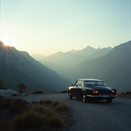 Vintage american car on the road in mountains at sunset.の素材