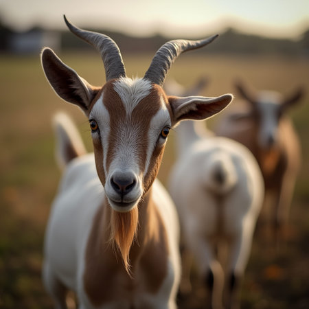 Portrait of a goat on a meadow in the evening lightの素材