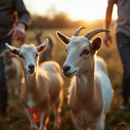 Goats in the meadow at sunset. Selective focus.の素材