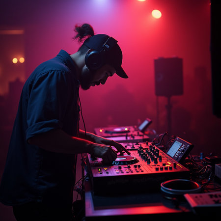 DJ playing music on a mixer in nightclub with red light and smokeの素材