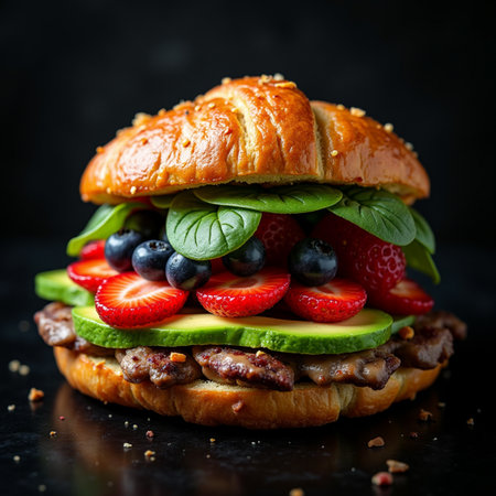 Homemade hamburger with fresh berries on black background, selective focusの素材