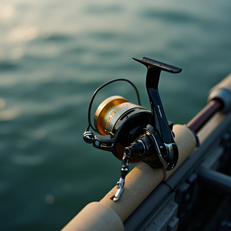 spinning reel on a fishing rod on the background of the seaの素材