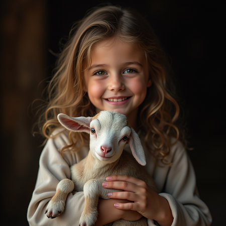 Cute little girl with a goat on a dark background. The concept of children's love and care.の素材