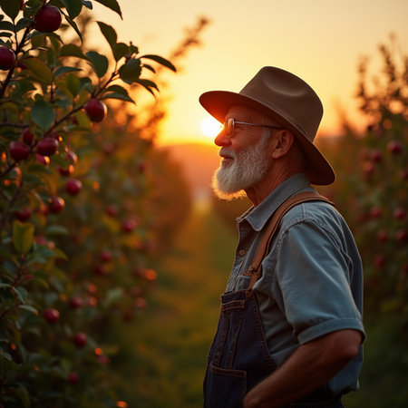 Portrait of senior farmer standing in apple orchard at sunset.の素材