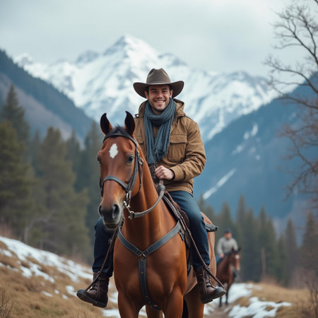 Young man riding a horse in the mountains. Selective focus.の素材
