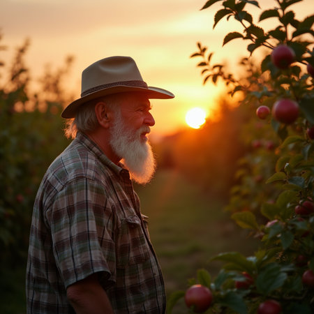 Senior man with gray beard and hat standing in apple orchard at sunsetの素材
