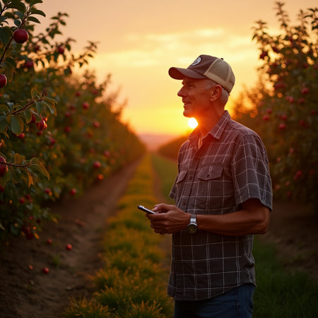 Farmer checking the quality of apples in orchard at sunset, holding smartphoneの素材