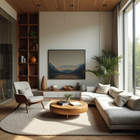 Interior of modern living room with white walls, wooden floor, comfortable sofa and coffee table with books. 3d renderingの素材