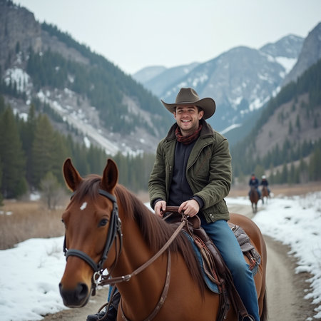 Handsome cowboy riding a horse in the mountains in winter.の素材