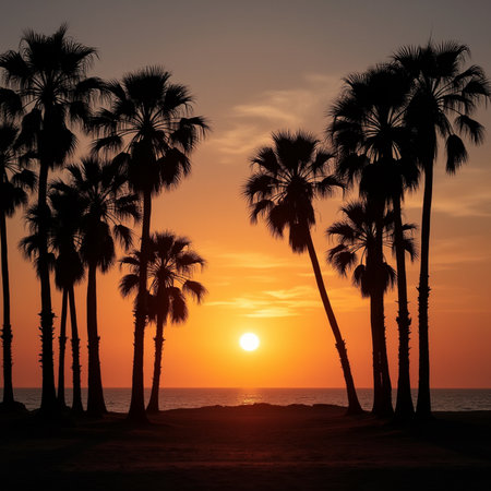 Silhouette of palm trees on the beach at sunset. Copy spaceの素材