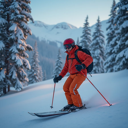 Skier skiing in the mountains at sunset. Winter sport and leisure activity.の素材