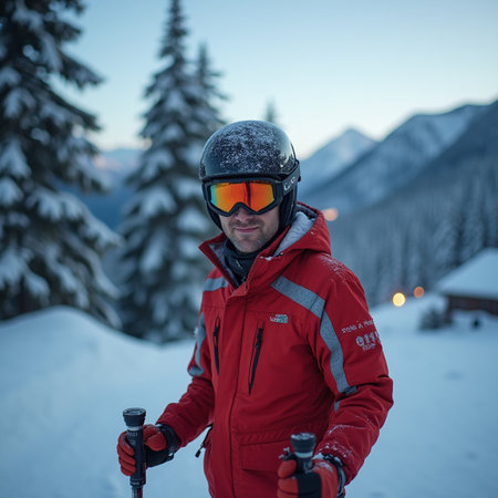 Young man skier in red jacket and helmet on the background of mountains.の素材