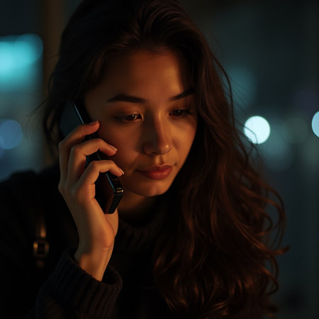 Beautiful young Asian woman talking on mobile phone at night.の素材