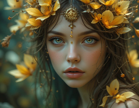 Beautiful girl with a wreath of yellow flowers on her headの素材