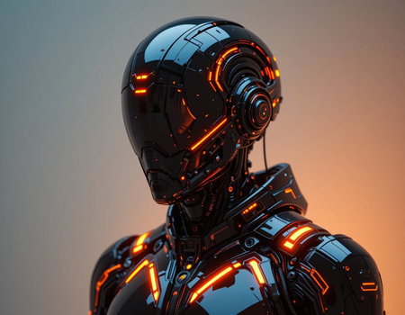 3d rendering humanoid robot with glowing lights on gradient background, future technology conceptの素材