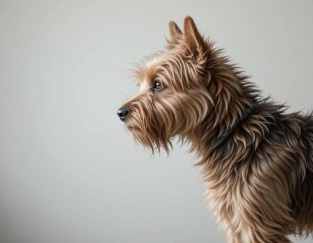 Portrait of a Yorkshire Terrier dog on a gray background.の素材