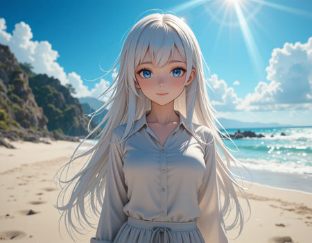 3D Illustration of a Fantasy Girl on the Beach with Sunlightの素材