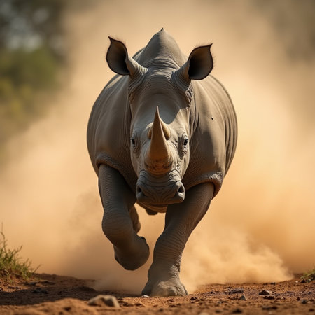White rhinoceros (Ceratotherium simum) running in dustの素材