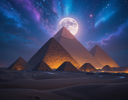 The Great Pyramid of Giza at night, Egypt. 3D renderingの素材