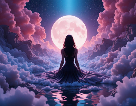 3d illustration of a woman in a fantasy landscape with full moonの素材