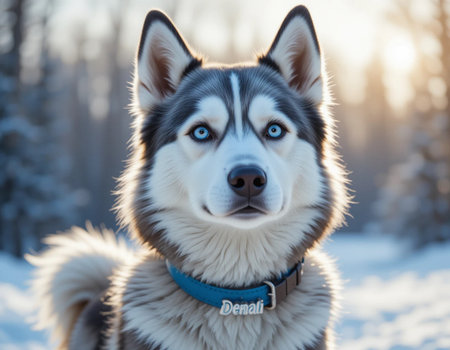 Siberian husky dog with blue eyes in winter forest.の素材