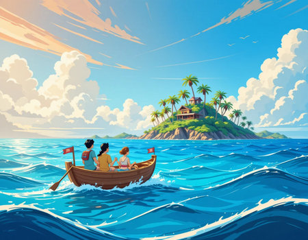 Couple in a boat on a tropical island. Vector illustration.の素材