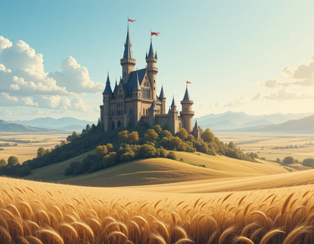 Castle on a wheat field in the morning, 3d renderの素材