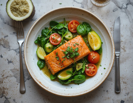 Salmon salad with tomatoes, cucumbers and spinach in a plateの素材
