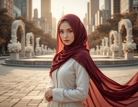 Hijab fashion concept. Beautiful muslim woman wearing hijab with city background.の素材